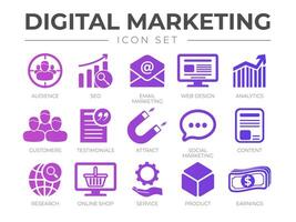 digital márketing icono colocar. SEO, correo electrónico marketing, web diseño, analítica, audiencia, clientes, testimonios, atraer, social marketing, etc iconos vector