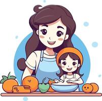 Mother and daughter cooking together in the kitchen in cartoon style. vector