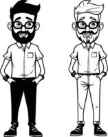 hipster hombres con barba y lentes dibujos animados ilustración gráfico diseño en negro y blanco vector