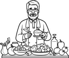 vegetarian man cooking food cartoon illustration graphic design in black and white vector