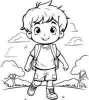 Cute little boy with backpack for coloring book. vector