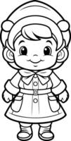negro y blanco dibujos animados ilustración de linda bebé niña personaje para colorante libro vector