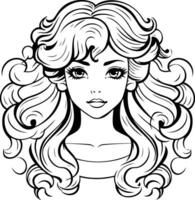 Beautiful woman face with long curly hair in black and white. vector