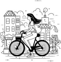 joven mujer montando un bicicleta en el ciudad. contorno ilustración. vector