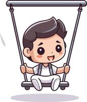 Cute boy swinging on a swing. cartoon character illustration. vector