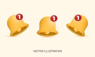 3d realistic icon three yellow notification bell set isolated design vector