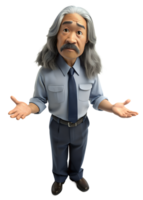 3d style illustration of asia old man in office worker uniform, lonnng hair with bored, he is Shrug, isolated on transparent background. AI-generated png