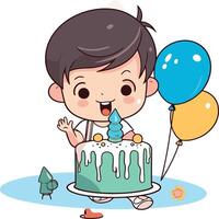 Cute boy with birthday cake and balloons illustration graphic design. vector