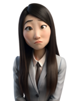 3D cartoon style of a long-haired girl in an office uniform making a frown. AI-generated png