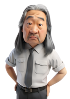 3d style illustration de Asie vieux homme dans Bureau ouvrier uniforme, longue cheveux, il est hausser les épaules, isolé sur transparent Contexte. généré par ai png