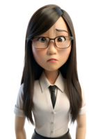 3d cartone animato stile di un' dai capelli lunghi ragazza nel un ufficio uniforme indossare bicchieri e fabbricazione un' cipiglio. ai-generato png