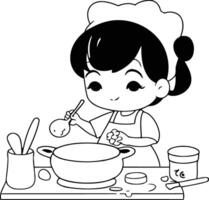 linda pequeño niña Cocinando en el cocina de un dibujos animados estilo. vector