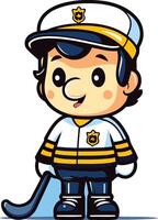 Cute cartoon captain with hockey stick and cap. vector