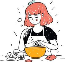 illustration of a young woman cooking in the kitchen. Cartoon style. vector