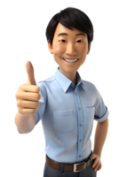 3d render do jovem Ásia homem dentro escritório trabalhador uniforme com sorriso, ele é polegares acima, isolado em transparente . gerado por IA png