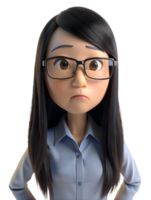 3D cartoon style of a long-haired girl in an office uniform wearing glasses and making a frown. AI-generated png