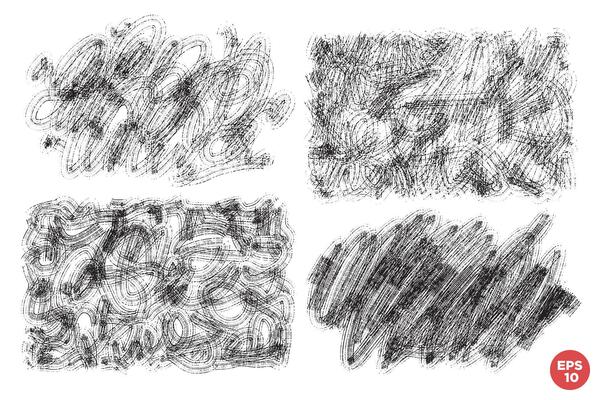set of hand drawn textured chaotic brush strokes, stains for backdrops or overlays. Monochrome design elements set. One color monochrome artistic hand drawn backgrounds.