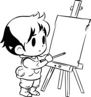 Boy painting a picture on easel in cartoon style. vector