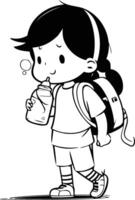 linda pequeño Chica de escuela con mochila y agua botella. vector