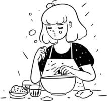 illustration of a young woman cooking in the kitchen. Cartoon style. vector