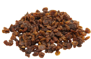 A bunch of brown shriveled sultanas without background. Dried grapes. Horizontal. png