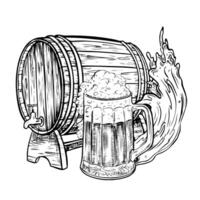 Wooden beer barrel and glass beer mug. Black and white illustration hand-drawn in the style of engraving. Great for bar or restaurant menus, labels, posters, logos. For prints and packages. vector