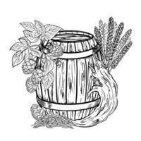 Wooden beer barrel, hops and malt, a splash of beer. Black and white illustration, hand-made in the style of engraving. Great for bar or restaurant menu, label, poster. For printing, packaging. vector