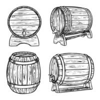 de madera barril. mano dibujado Clásico ilustración en grabado estilo. alcohol, vino, cerveza o whisky antiguo madera barrilete. genial para pub o restaurante menú, etiqueta, póster, logo. vector