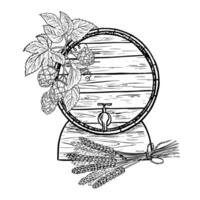 Wooden beer barrel, hops and malt. Black and white illustration, hand-made in the style of engraving. Great for bar or restaurant menus, labels, posters. For printing and packaging. vector