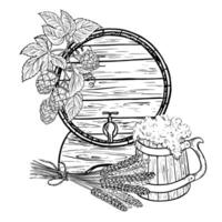 Wooden beer barrel and mug, hops and malt. A black-and-white illustration made by hand in the style of engraving. Great for bar or restaurant menus, labels, posters. For printing and packaging. vector