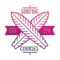 Surfing courses emblem, logo over white vector