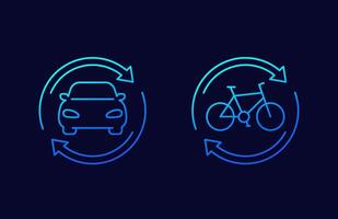 carsharing, rental service line icons with car and bike, vector