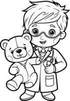 Coloring Page Outline Of cartoon doctor with teddy bear. vector