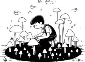 Little boy sitting on the mushroom field in cartoon style. vector