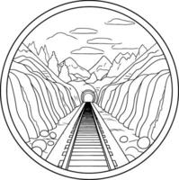 Railway in the mountains. Monochrome illustration for coloring book vector