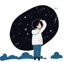 Cute little boy dreaming about space in cartoon style. vector