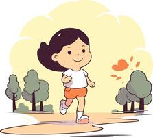 Cute little girl running in the park. cartoon illustration. vector