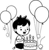 Cute boy with birthday cake and balloons in cartoon style. vector