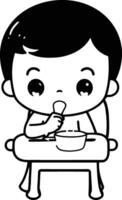 bebé chico comiendo pastel con cuchara de bebé chico comiendo pastel. vector