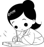 linda pequeño niña escritura en un cuaderno en blanco antecedentes. vector