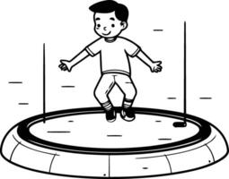 contento chico saltando en un trampolín en dibujos animados estilo. vector