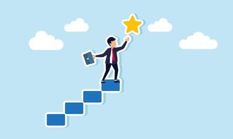 Hoping for business success, achieving goals, receiving rewards, and staying motivated, concept of Smart, confident businessman climbing stairs to reach and grab a precious star reward vector