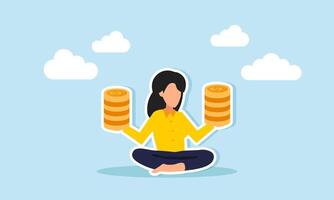 Earn passive income, achieve financial independence, and retire early through smart investing, concept of Relaxed young woman sitting and receiving a stack of money coins in her hand vector