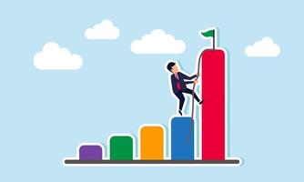 Ambitious effort to reach success, determined growth to achieve goals with courage, concept of Ambitious businessman climbs up chart and graph to reach the top of high bar vector