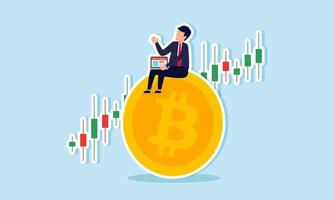 Bitcoin and cryptocurrency investing, trading to earn profit from rising Bitcoin prices, concept of Businessman investor using computer to trade crypto on large Bitcoin with candlestick price chart vector