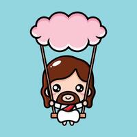 cute jesus playing on a swing in the sky vector