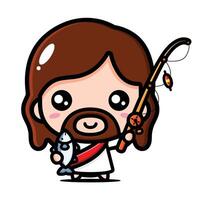 cute jesus holding fish and fishing rod vector