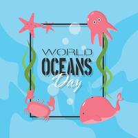 World Oceans Day poster with various kinds of sea creatures in a frame vector