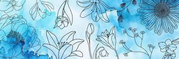 Spring Flower Doodles on a Blue Watercolor Paper for Twitter Header template