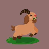 a cartoon goat with horns and jumping from side view while eating grass vector